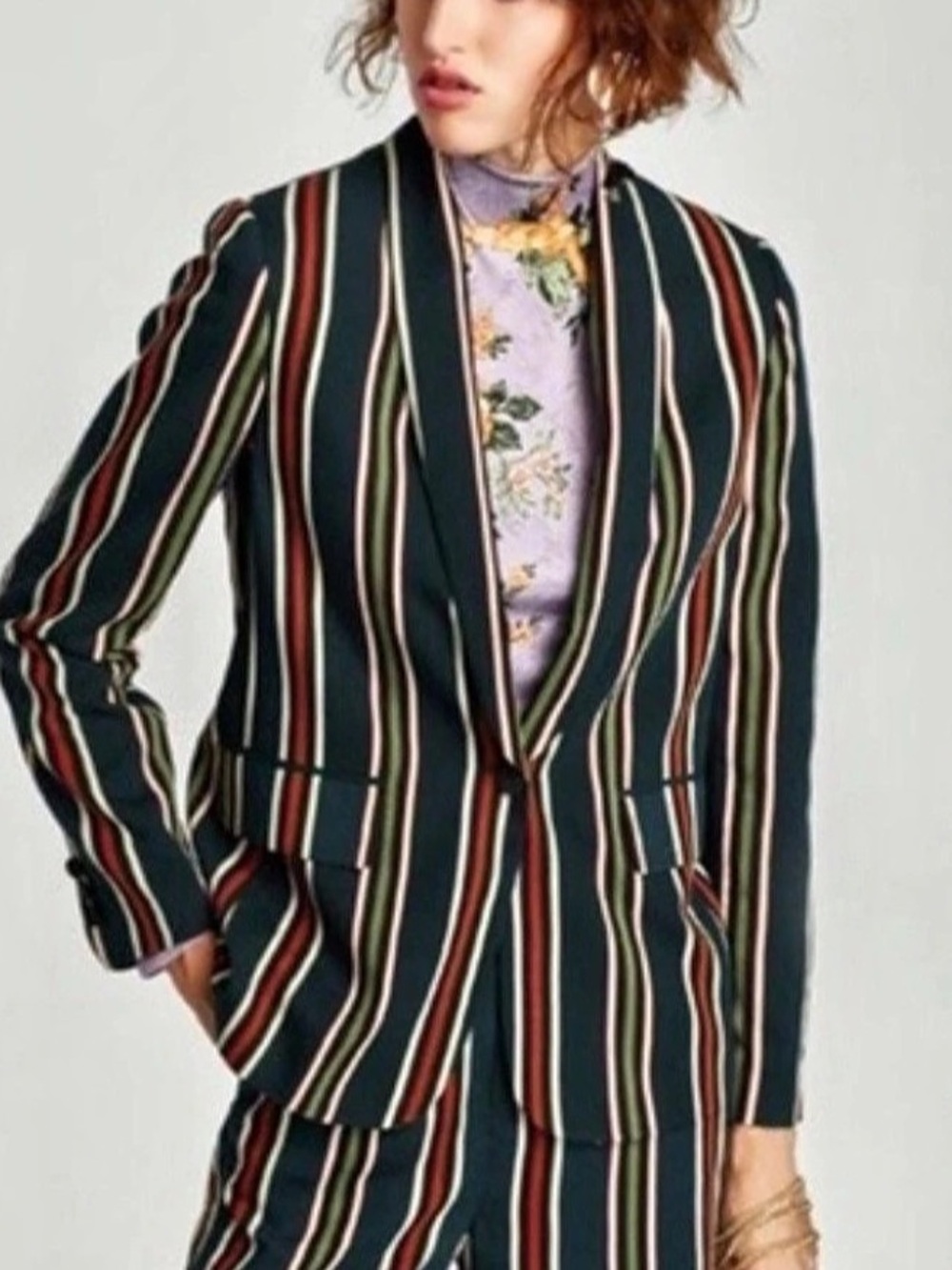 Zara Teal and Multi-Stripe Shawl-Collar Blazer